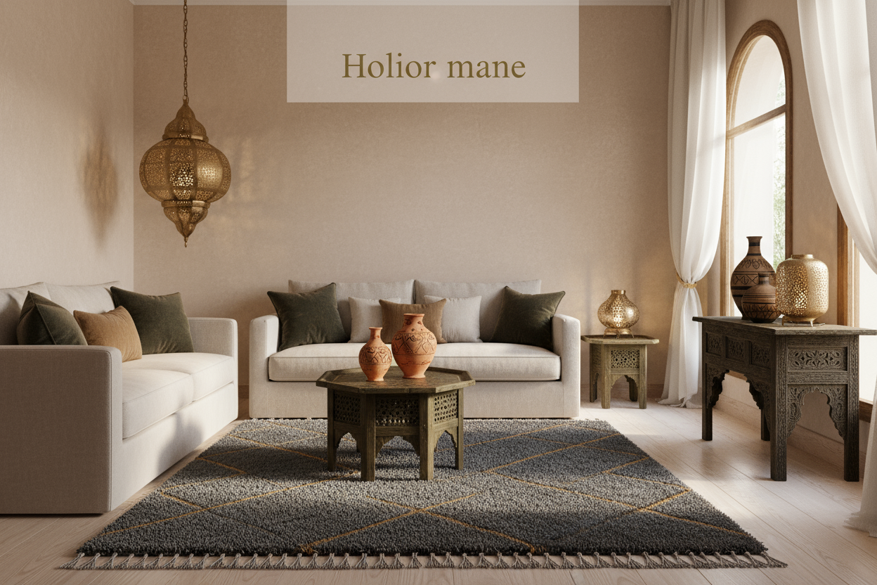  Design a vibrant and elegant Shopify banner for a Moroccan home decor store. Showcase a warm, inviting interior scene with Moroccan-style elements like patterned rugs, carved wooden furniture, brass lanterns, and ceramic vases. Use a balanced color palette of warm beige, matte gold, charcoal gray, olive green, and off-white. Include modern and traditional design accents together. Add subtle text space for a store name or slogan. Bright, high-quality, realistic lighting, cozy and welcoming atmosphere, cultu